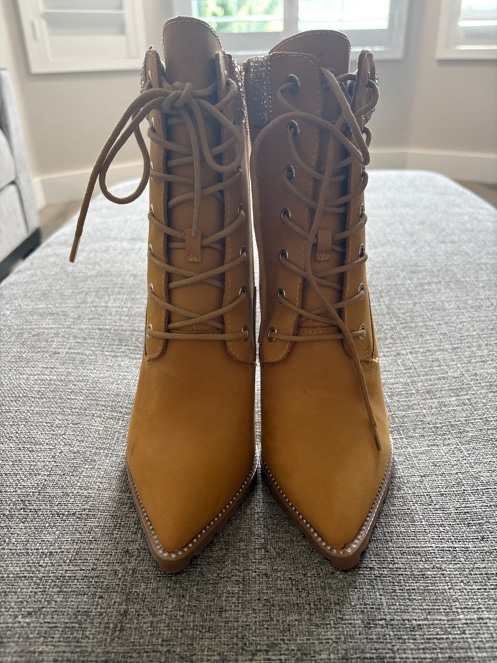 Steve Madden Tan Lace-Up Pointed Ankle Boots